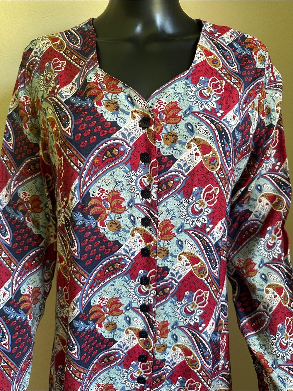 Vintage Erika Burgundy Paisley Button-Front Lace-Up Back Long Sleeve Maxi Dress - Picture 4 of 16